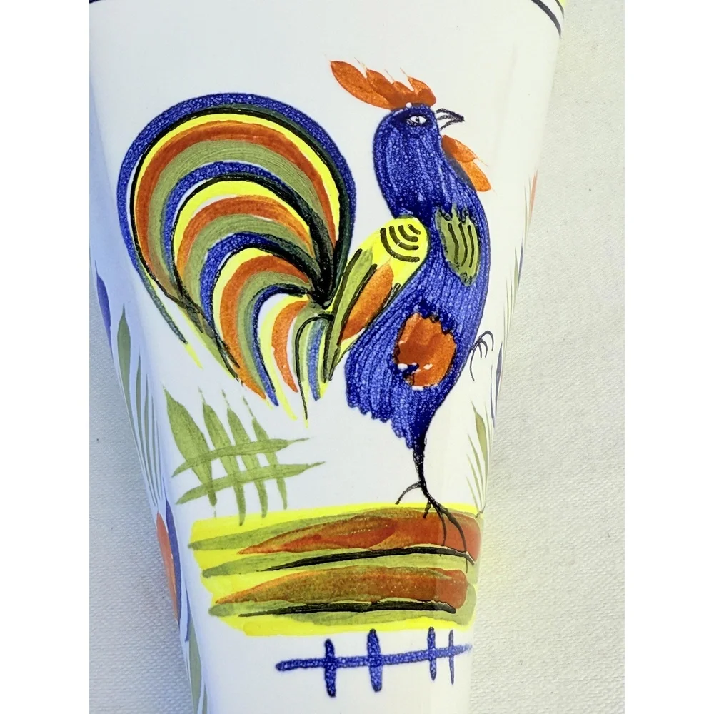 Henriot Quimper France Cone Shape Rooster Floral Hand Painted Wall Pocket 4.5in